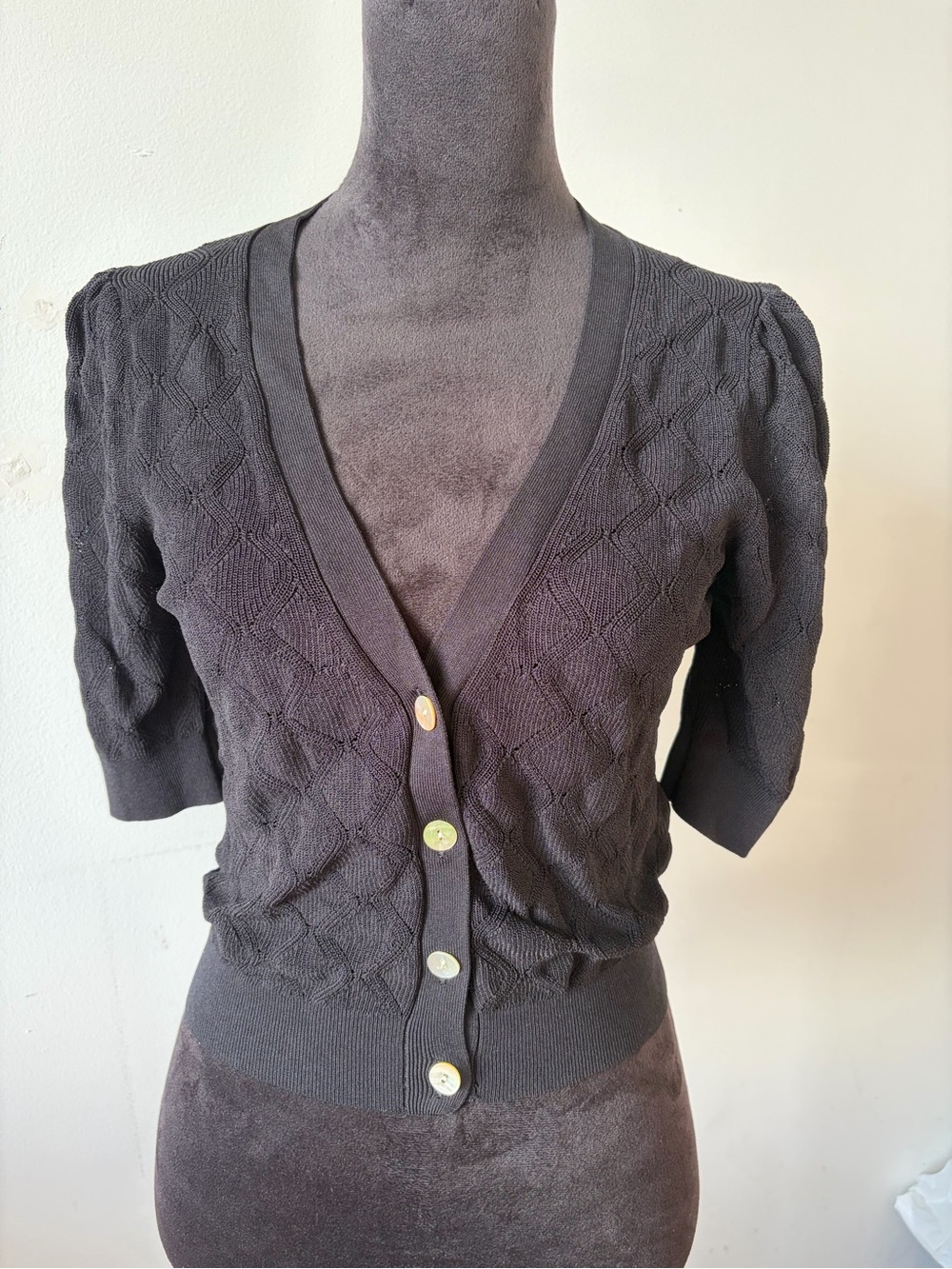 Aritzia Wilfred Black Pointelle Diamond Knit Short Sleeve Cardigan Top Size S